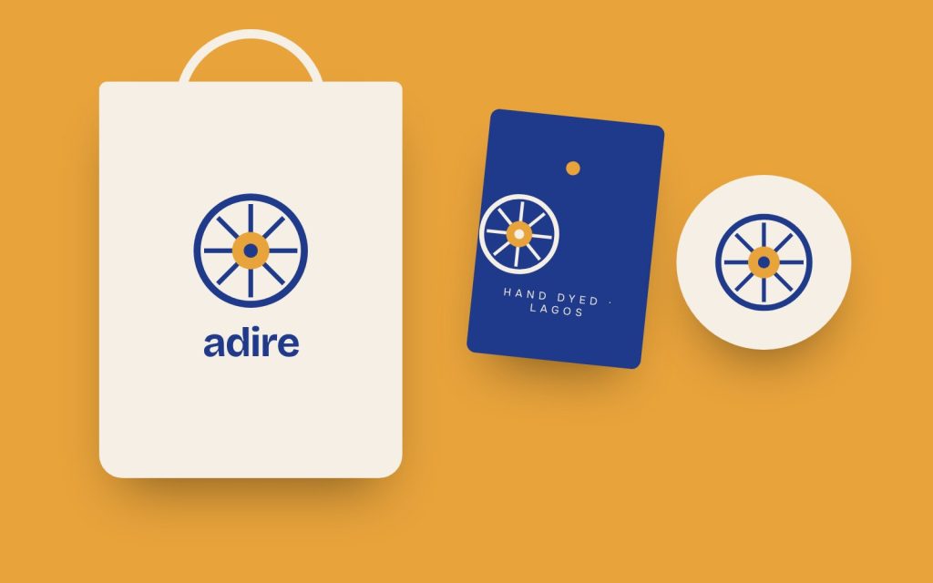 Adire Threads brand mockups: tote bag, swing tag and sticker (sample)