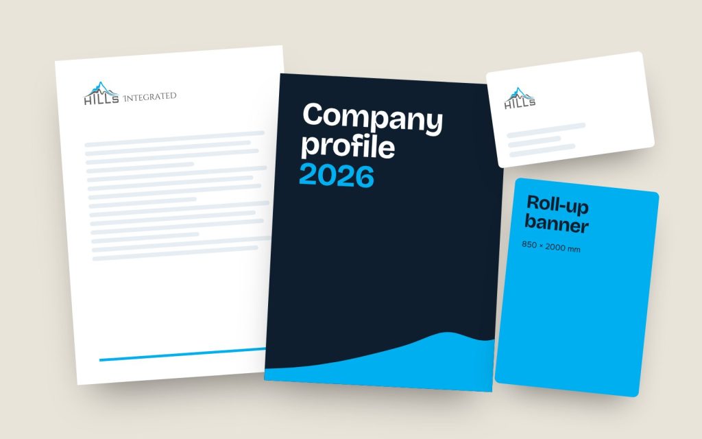 Company profile, letterhead, business card and roll-up banner