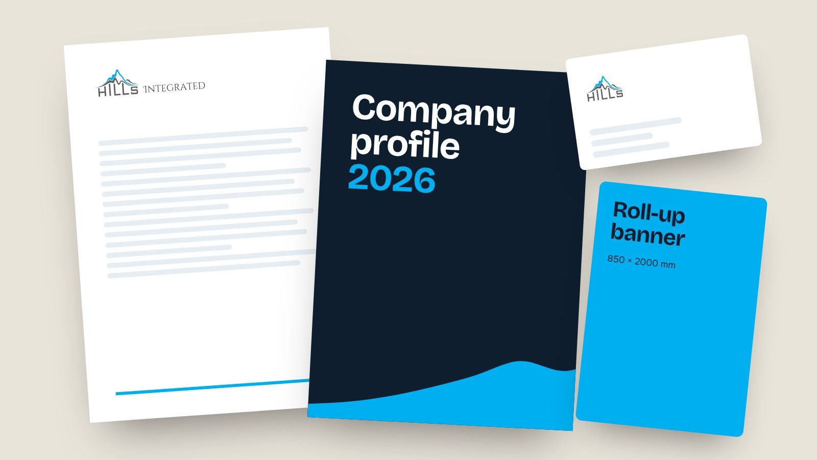 Company profile, letterhead, business card and roll-up banner