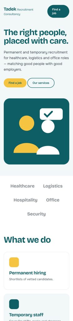 Tadek Recruitment Consultancy website — mobile