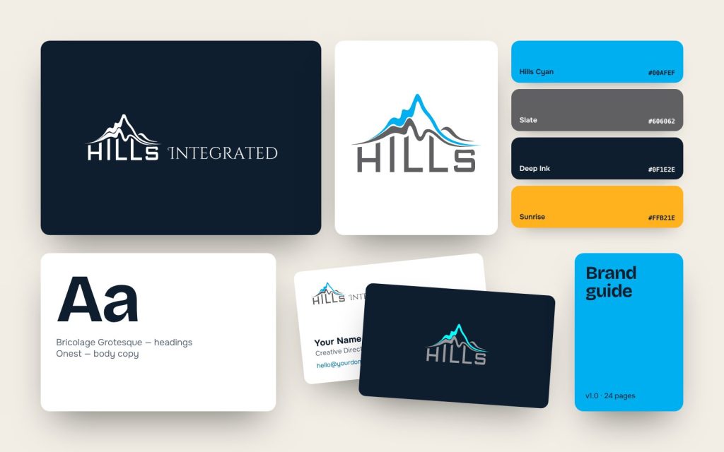 Brand identity board with logo, colours and stationery