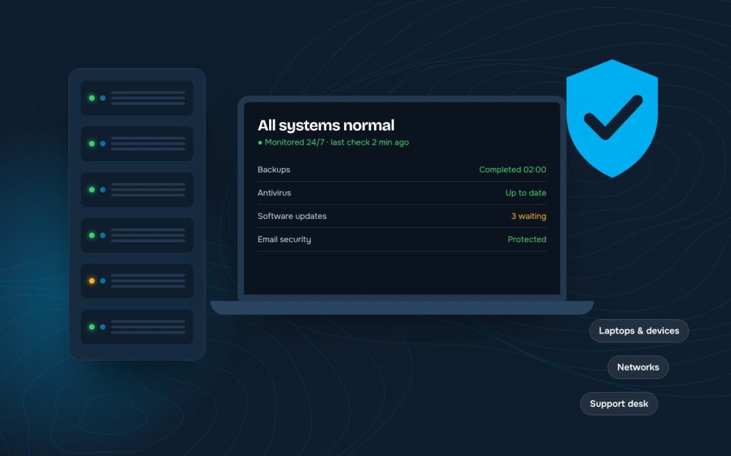 IT systems status, server and security illustration